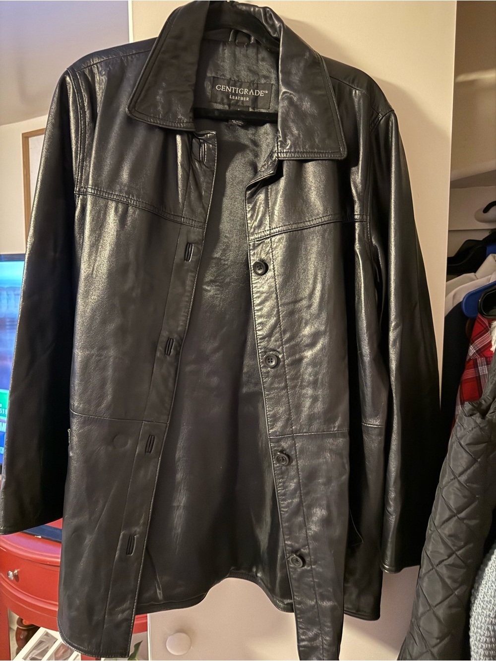 Centigrade Men’s Black Leather Trench Coat — Classic Button-Front